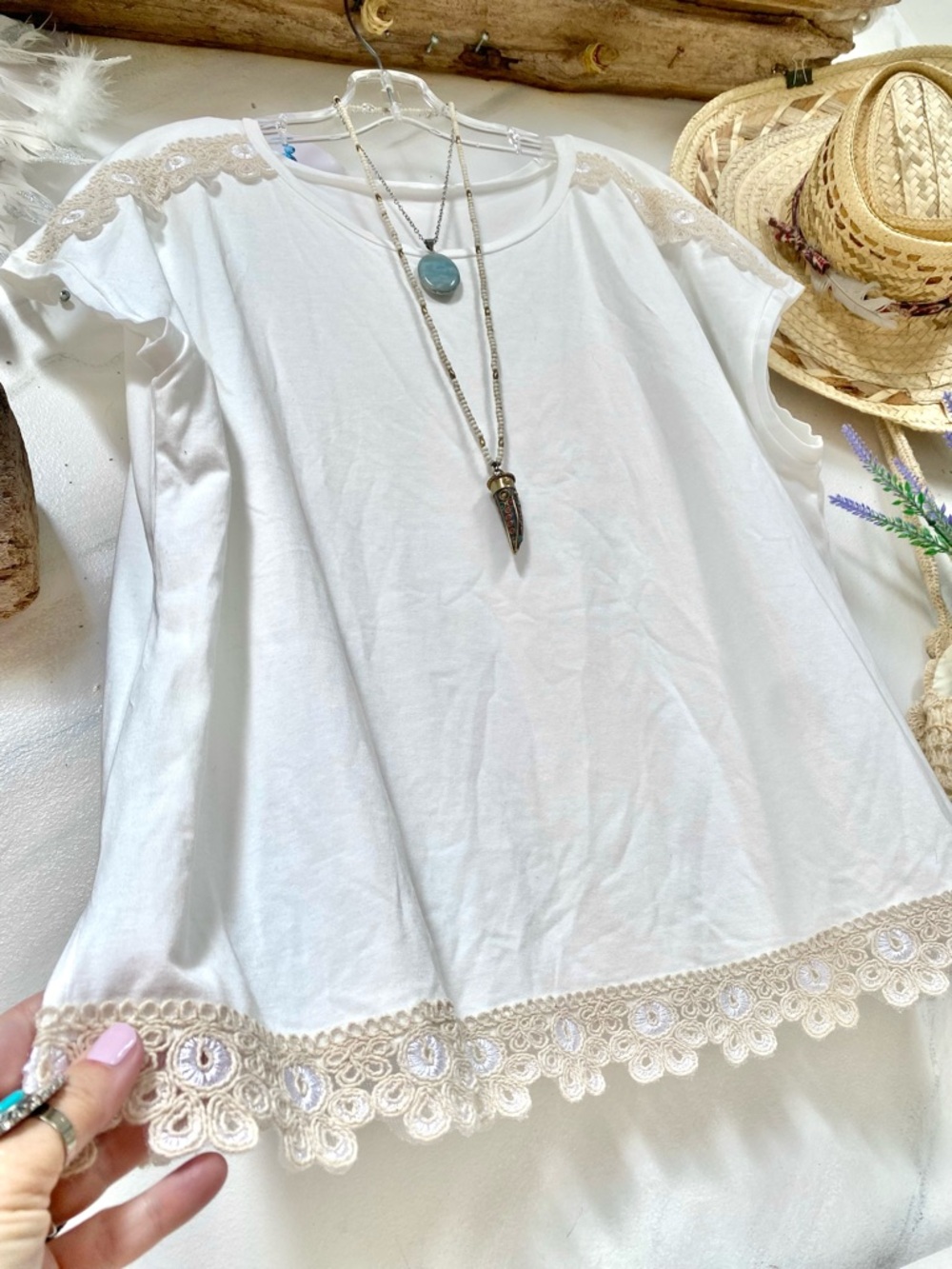 Crochet accents boho blouse w shabby chic prairie farmhouse vibe - Picture 3 of 8